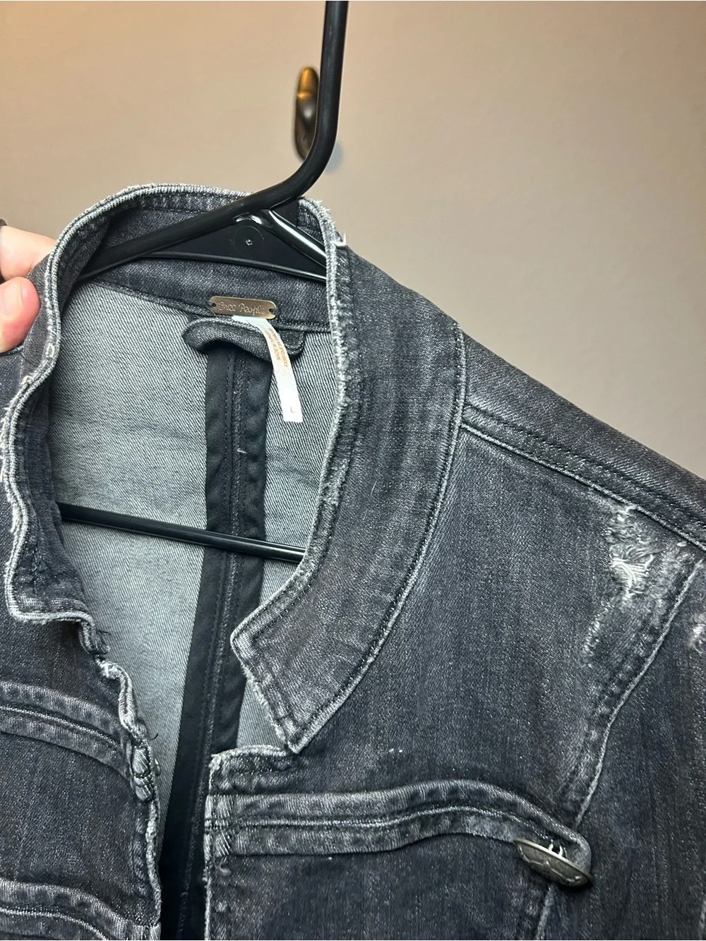 Free People Black Military-Style Buttoned Denim Jacket - Picture 3 of 6